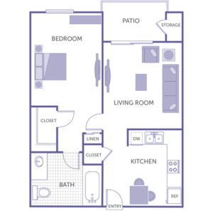 1 bed 1 bath floor plan, kitchen, living room, patio and storage, 1 walk-in closet, 1 closet, 1 linen closet