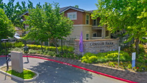 Aerial Exterior, corsair park front signage, gated community, meticulous landscaping, lush foliage.